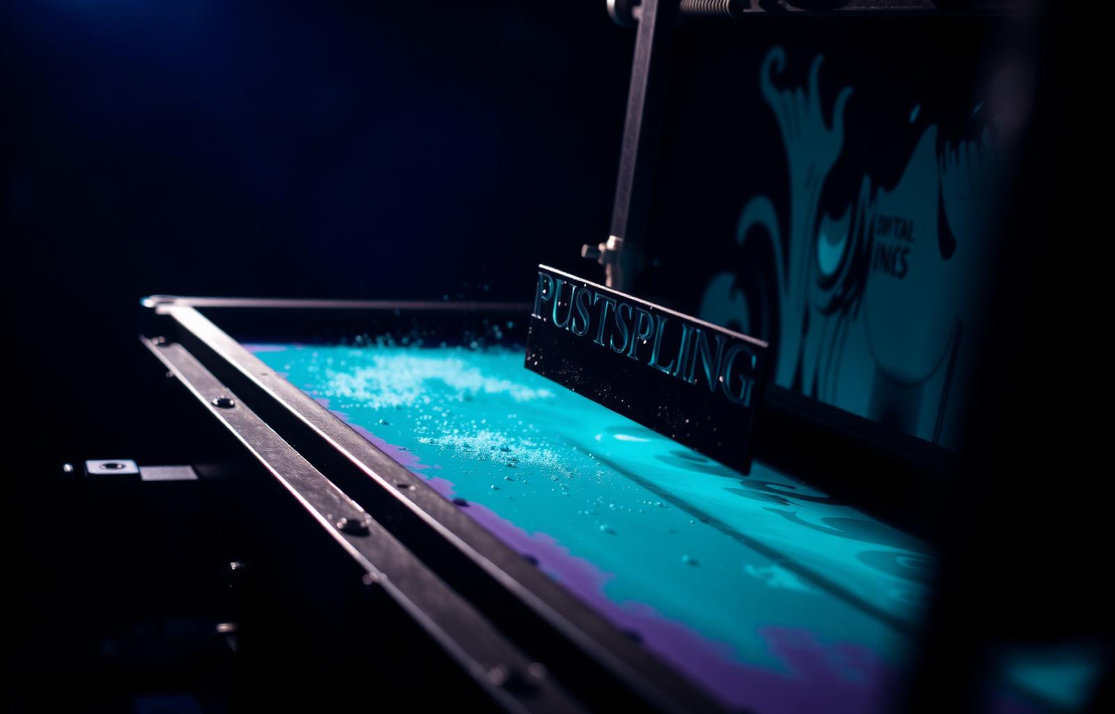 Screen printing press pulling teal ink across a silkscreen